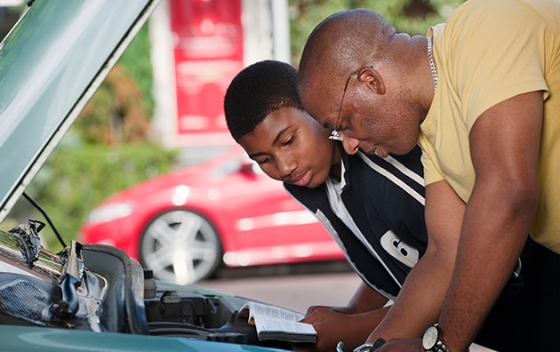 Father and son working on a car